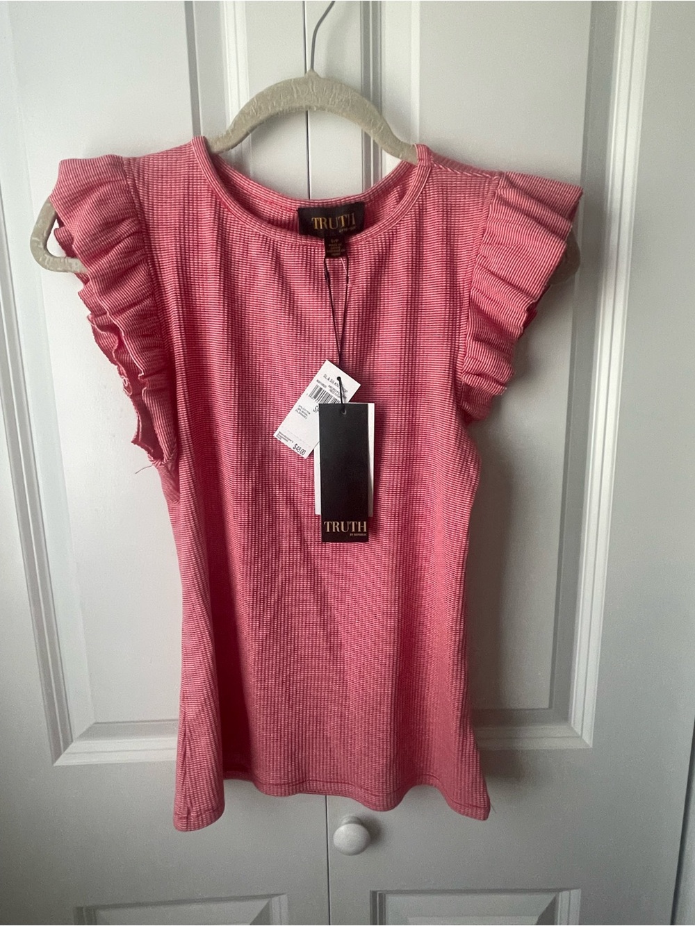 Truth Pink Ruffle Sleeve Ribbed Knit Top
